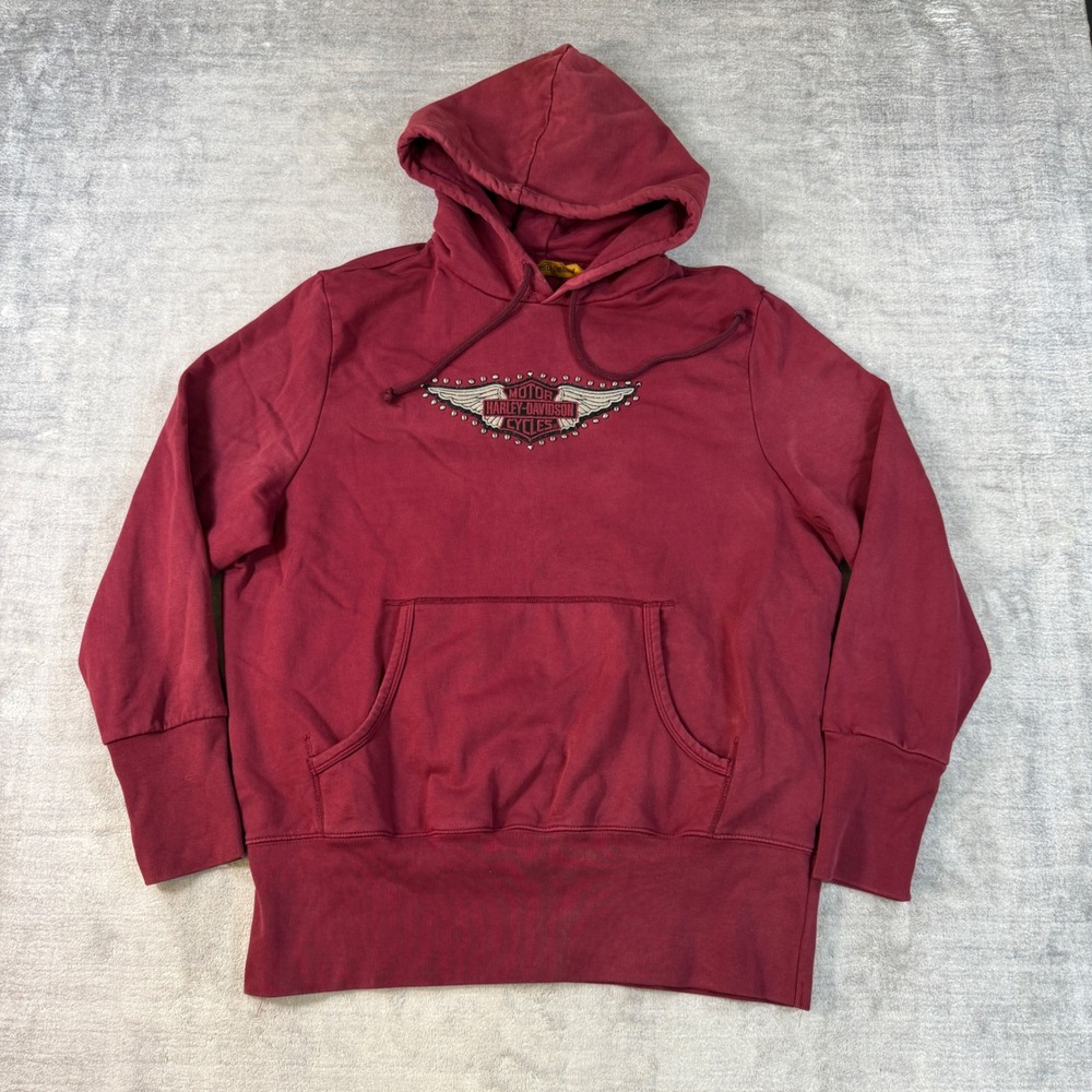 Harley Davidson Sweatshirt Mens Medium Red Studded Winged Logo Biker Hoodie